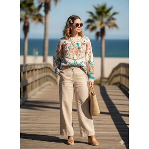 Crystal Kobe Vintage 90s Coastal Glam Chunky Knit Sweater Floral Boho Chic XL